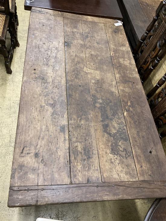 An 18th century and later oak refectory dining table with single drawer, width 81cm, length 152cm, height 77cm